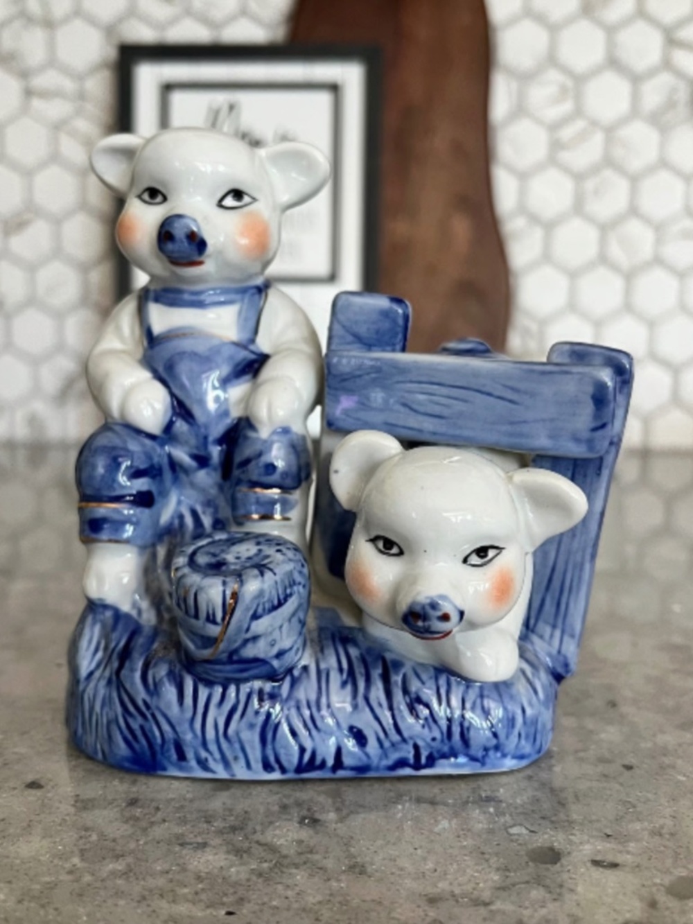 Vintage Delft Blue White Anthropomorphic Pigs Stuck in Fence Figurine